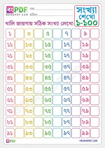 Bengali Numbers Spellings 0 to 100 Worksheet PDF Download
