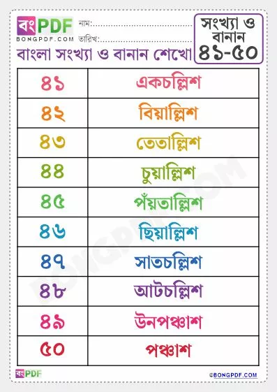 Free Bengali Numbers Spellings 41 to 50 Worksheet PDF Download