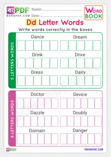 Free Learn Alphabet D English Words Worksheet Download