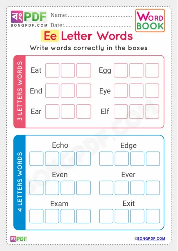 Free Learn Alphabet E English Words Worksheet Download