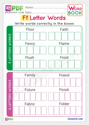 Free Learn Alphabet F English Words Worksheet Download
