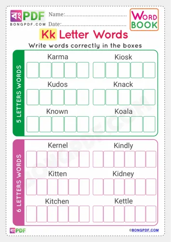 Free Learn Alphabet K English Words Worksheet Download