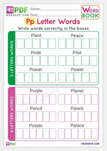 Free Learn Alphabet P English Words Worksheet Download