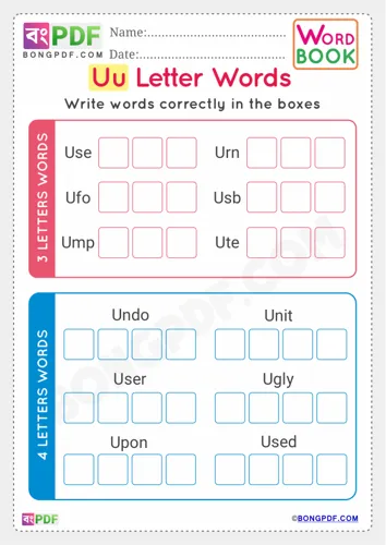 Free Learn Alphabet U English Words Worksheet Download