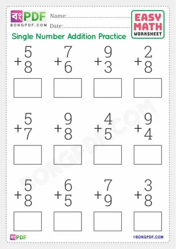 Free Learn Single Number Addition English Worksheet Download