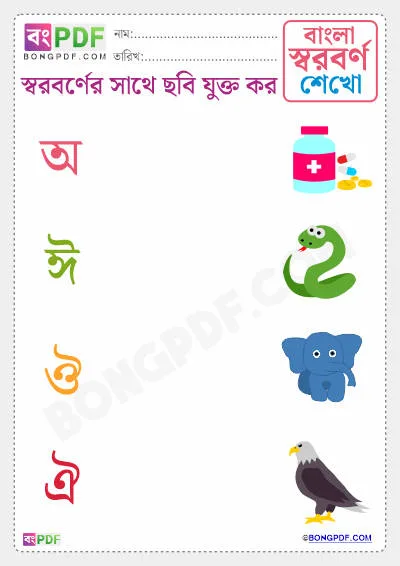 Free Match Vowels to Pictures Bengali Worksheet Download