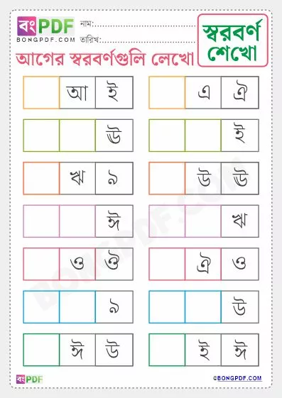 Free Write Before Swarabarna Bengali Worksheet PDF Download