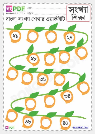 Free Write Missing Bengali Numbers 21-40 Worksheet PDF Download