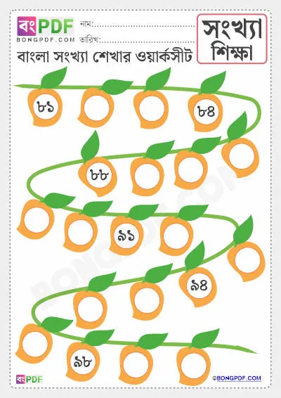 Free Write Missing Bengali Numbers 81-100 Worksheet PDF Download